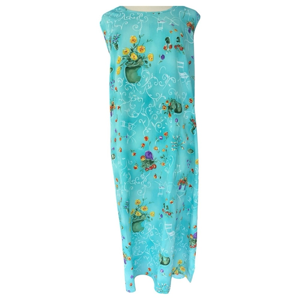 Vtg 90s Maggie Sweet French Cafe  Blue Maxi Dress 3X Petite Y2K Grandmillennial